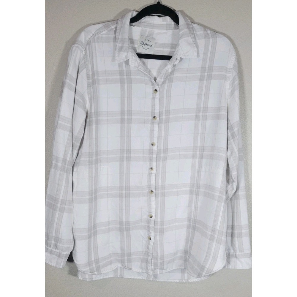 JACHS Girlfriend Womens XL Plaid Shacket Shirt Jacket Beige Gray Neutral